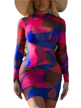 Matte Collection Dillon Mesh Swim Cover Up Dress Abstract Pink Blue Bodycon XL